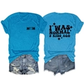 Front and back view of blue 'I WAS NORMAL 3 KIDS AGO' T-shirt and ripped denim shorts - Lake Blue (Black Print)