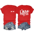 Flat lay of red cotton T-shirt with M♡M print and distressed blue denim shorts - Red (White Print)