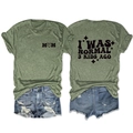 Front and back view of green T-shirt with I WAS NORMAL 3 KIDS AGO print and denim shorts - Olive Green (Black Print)