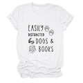 Detail view of cotton t-shirt with Easily Distracted by Dogs and Books slogan print - White (Black Font)