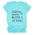 Close-up of sky blue cotton T-shirt featuring dogs and books graphic print details - Deep Water Blue (Black Font)
