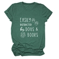Close-up of screen-printed dogs and books text on casual dark green t-shirt - Vintage Green (White Font)