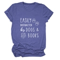 Close-up of Dogs & Books print on purple heathered cotton fabric t-shirt detail - Vintage Blue (White Font)