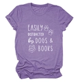 Detail of the purple crewneck T-shirt showing Easily Distracted by Dogs and Books print - Purple (White Font)