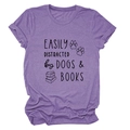 Close-up of the dogs and books slogan print on a purple casual cotton T-shirt - Purple (Black Font)