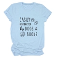 Detail of light blue cotton T-shirt featuring 'Easily distracted by dogs & books' print - Light Blue (Black Font)