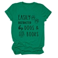 Detail of green cotton T-shirt featuring easily distracted by dogs & books graphic - Dark Green (Black Font)
