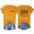 Details des Vorder- und Rückendrucks des senfgelben Slogan-T-Shirts mit Sprüchen - S / Senfgelb