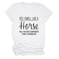 Close-up of Yes I Smell Like a Horse slogan print on white cotton crew neck t-shirt - M / White (Black Graphic)