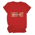 Detail of red emergency nurse t-shirt showing colorful letter print and cotton texture - Red (White Text)
