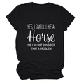 Zwart dames T-shirt met paardenprint tekst en stijlvolle opgerolde korte mouwen katoen - Zwart (Witte Grafiek)