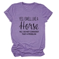 Close-up of heathered purple cotton T-shirt featuring Yes I Smell Like A Horse text design - M / Purple (Black Graphic)