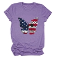 Close-up of purple summer T-shirt featuring butterfly print with USA flag wing and flowers - Purple