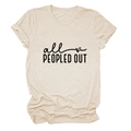 Detail of oatmeal crew neck T-shirt with all PEOPLED OUT slogan and heart print - S / Sand (Black Font)