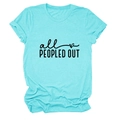 Detail of light blue heather t-shirt with all PEOPLED OUT slogan and heart icon - Deep Water Blue (Black Font)