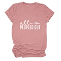 Detail of soft pink cotton t-shirt fabric with white 'all PEOPLED OUT' screen print text - Rose Gold (White Font)