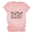 Pink crew neck T-shirt featuring potted plants illustration and we all grow text - S / Pink (Black Letters)