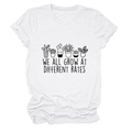 Close-up of succulent plants print and We All Grow At Different Rates text on a white T-shirt - S / White (Black Letters)