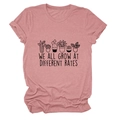 Detail of succulent print and We All Grow At Different Rates text on pink cotton T-shirt - S / Rose Gold (Black Letters)