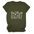 Detailed view of plant print and 'WE ALL GROW AT DIFFERENT RATES' text on olive t-shirt - S / Army Green (White Letters)