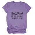 Detail of purple cotton T-shirt featuring potted plants and motivational text print - S / Purple (Black Letters)