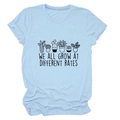 Detail of light blue cotton T-shirt featuring potted plants and motivational text - S / Light Blue (Black Letters)