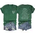 Detail van donkergroen T-shirt met V-hals, hartprint en inspirerende tekst op de rug - Vintage Groen (Witte Print)
