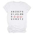 Detail shot of the minimalist white cotton T-shirt featuring an ECG and alphabet print - S / White (Black Text)