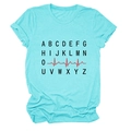 Detail of turquoise t-shirt featuring black alphabet matrix and red heartbeat line graphic - S / Deep Water Blue (Black Text)
