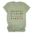 Close-up of light green cotton T-shirt with black alphabet and red heartbeat line print - S / Olive Green (Black Text)