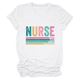 Close-up of nurse slogan print on white cotton T-shirt with vintage rainbow stripes - White