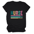 Detail of black nurse t-shirt showing colorful Caring Loyal Strong text on chest - Black