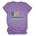 Detail of purple nurse t-shirt with caring, loyal, strong, and compassionate prints - Purple