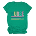 Detailed view of green nurse t-shirt featuring caring loyal strong graphic print - Dark Green