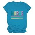 Flat lay of teal nurse t-shirt with caring loyal strong compassionate typography - Lake Blue