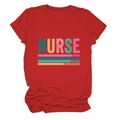 Detail of red nurse T-shirt with rolled sleeves and caring loyal printed artistic text - Red