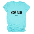 Detail of teal New York USA t-shirt showing cotton texture and rolled sleeve design - Deep Water Blue (Black Font)