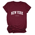 Detail of burgundy T-shirt showing rolled cuffs and New York USA graphic print - Wine Red (White Font)