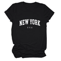 Detailed flat lay of a black cotton T-shirt featuring white New York USA typography print - Black (White Font)