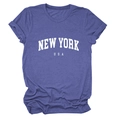 Close-up of New York USA print on heather purple-blue cotton t-shirt with cuffed sleeves - Retro Blue (White Font)