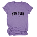 Close-up of purple crew neck T-shirt with New York USA arch letter print design - Purple (Black Text)