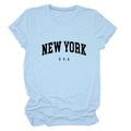 Detail of light blue cotton T-shirt featuring New York USA black letter print - Light Blue (Black Font)