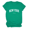 Close-up of the New York USA white graphic print on a green cotton crewneck t-shirt - Dark Green (White Font)