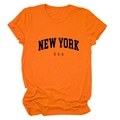 Detail of the high-quality cotton fabric and black New York USA print on orange t-shirt - Orange (Black Font)