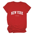 Detail view of the red cotton t-shirt with white New York USA text printing - Red (White Font)