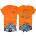 Detail of orange T-shirt with 'Let Them Misunderstand You' text and denim shorts - S / Orange