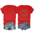 Flat lay of red cotton T-shirt with 'Let Them' slogan and distressed blue denim shorts - S / Red