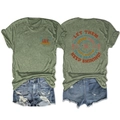 Flat lay of green t-shirt with Let Them slogan and distressed blue denim shorts - S / Olive Green