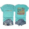 Detailed front and back view of turquoise Speech Therapy cotton T-shirt with floral print - Deep Water Blue