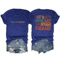 Flat lay of navy t-shirt with speech therapy print and distressed denim shorts - Vintage Blue